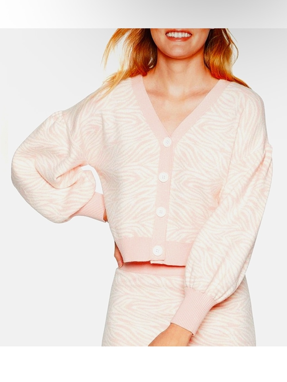 BCBGeneration Soft Pink V-Neck Zebra-Print Button Cardigan
